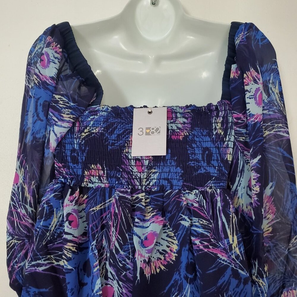 Three Eight Two Dress Size S Blue Peacock Babydoll Art to Wear Sheer Lined USA - Picture 3 of 9